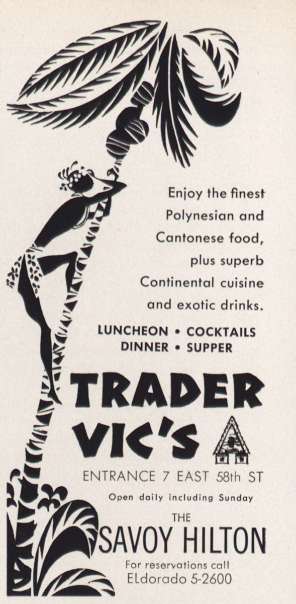 1960 Trader Vics: Savoy Hilton Finest Polynesian Food Vintage Print Ad 1960 Trader Vics: Savoy Hilton Finest Polynesian Food Vintage Print Ad