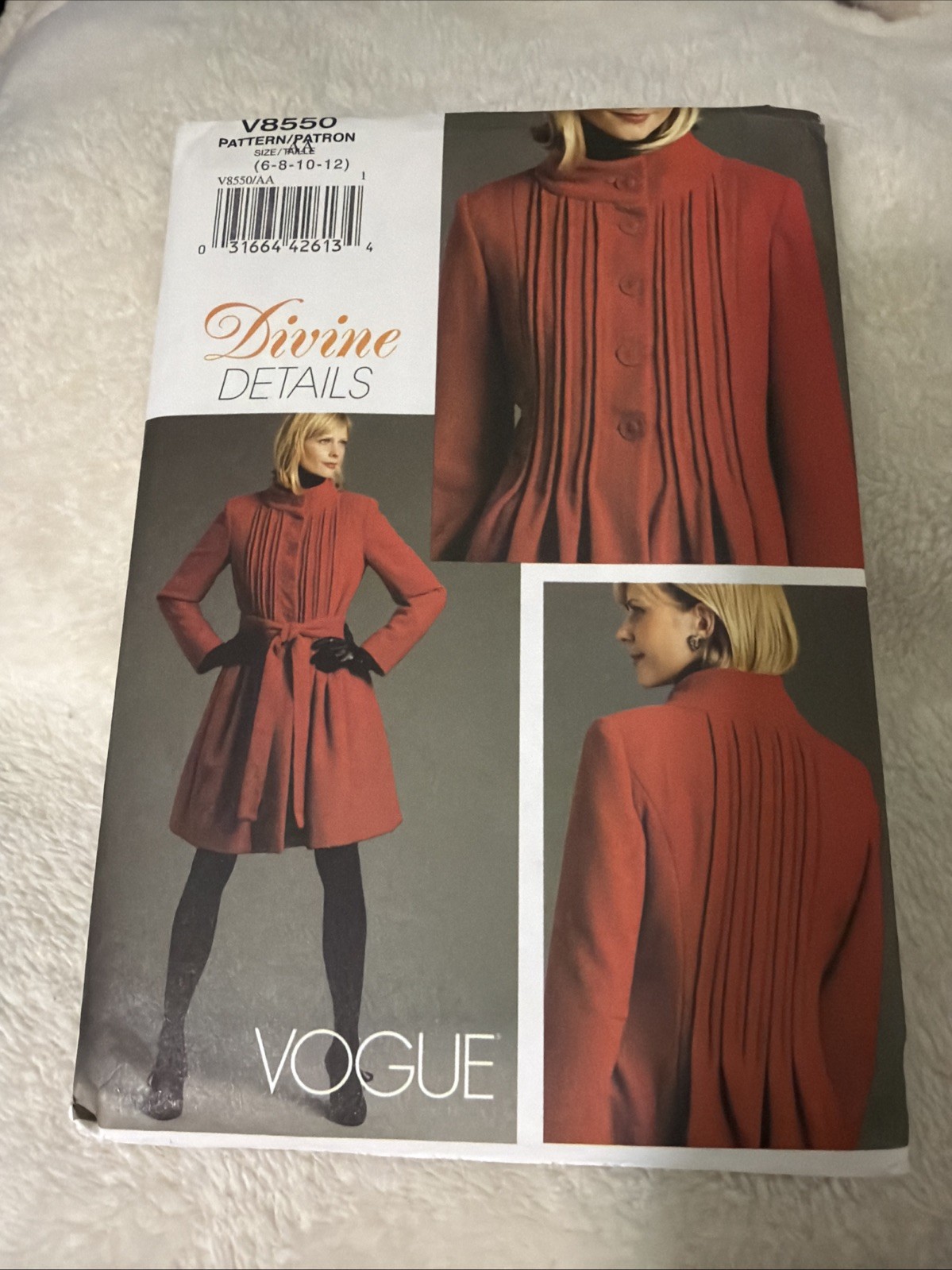 Vogue Sewing Pattern Coat Misses V8550 Gorgeous Tucked Detail 8 10 12 Uncut