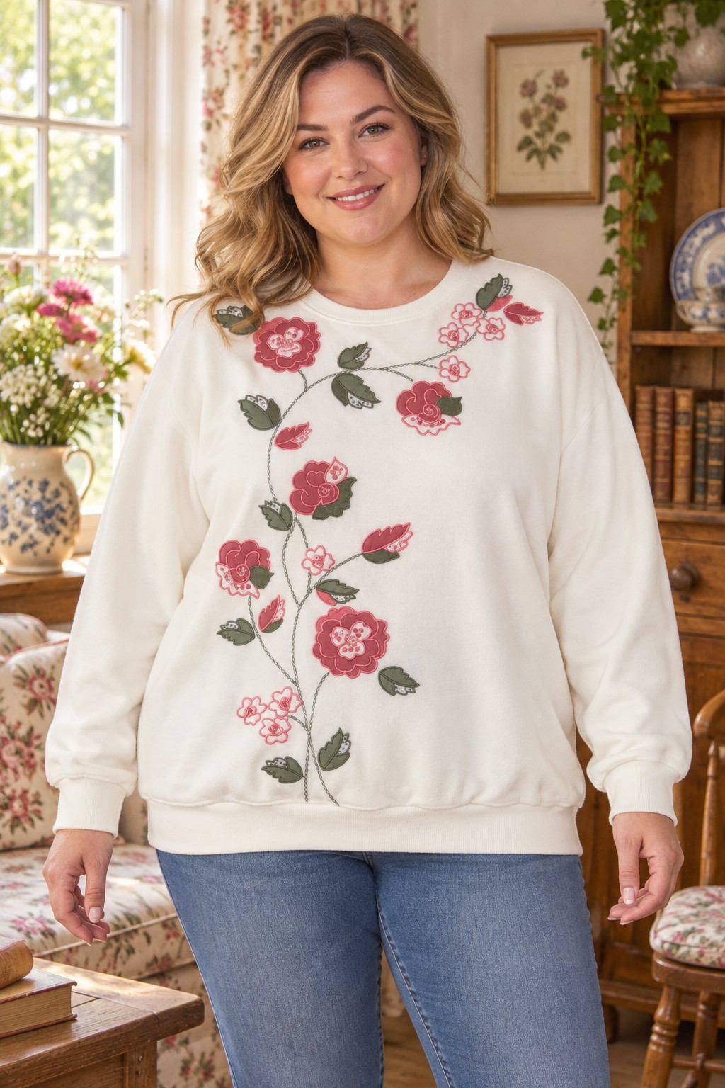 Alfred Dunner Women’s 1X Ivory Floral Appliqué Embroidered Sequin Sweatshirt