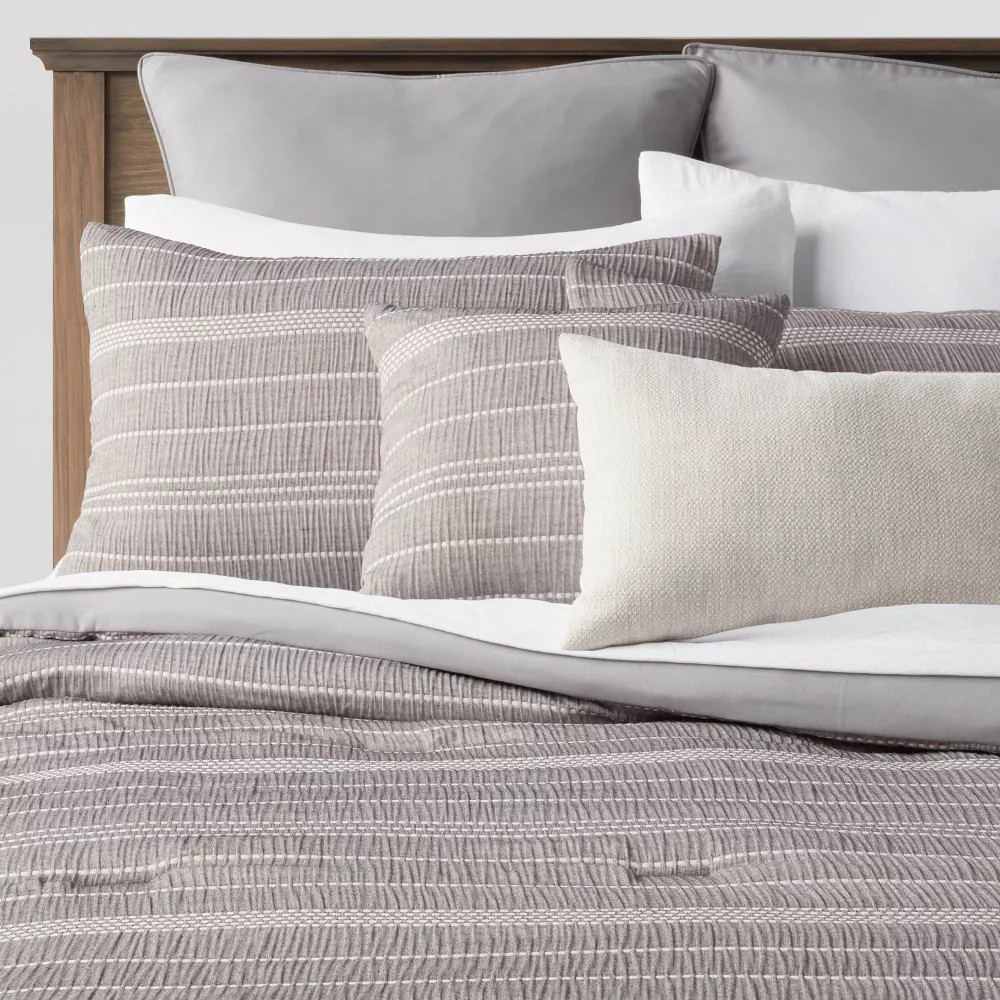 12pc King Chambray Matelasse Stripe Comforter & Sheet Bedding Set Gray -
