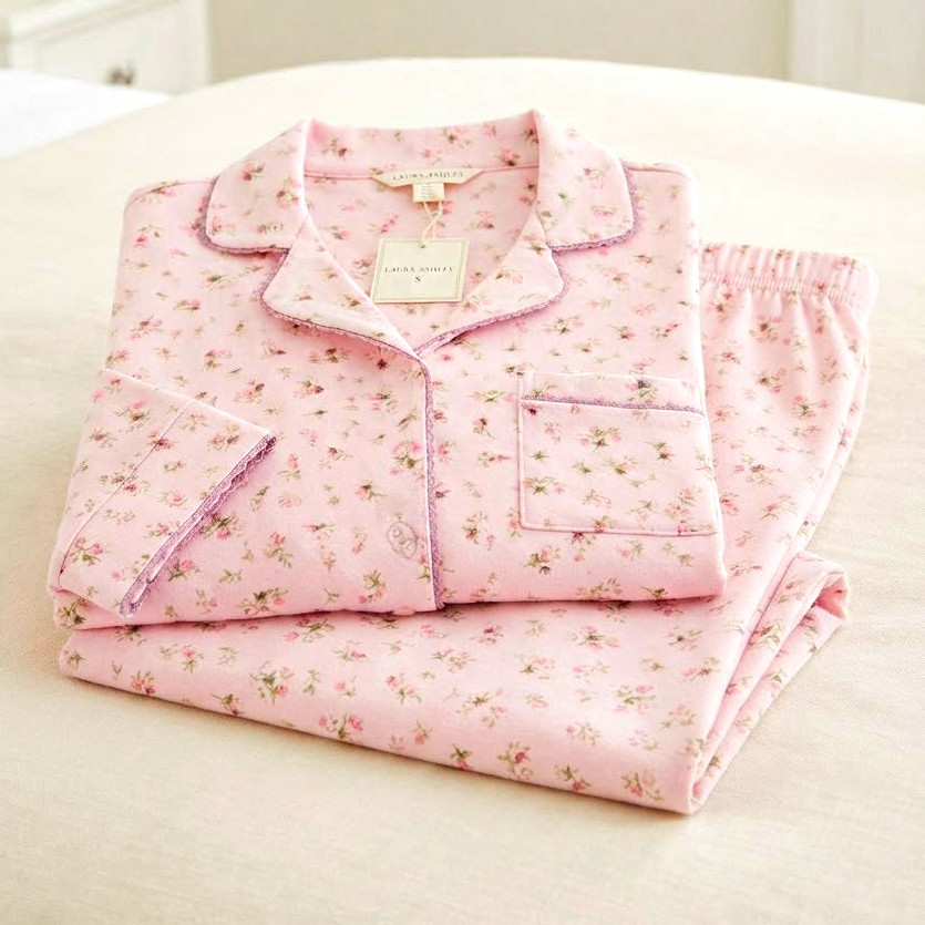 Laura Ashley Women’s Pink Floral Cotton Blend Knit Pajama Set Button S