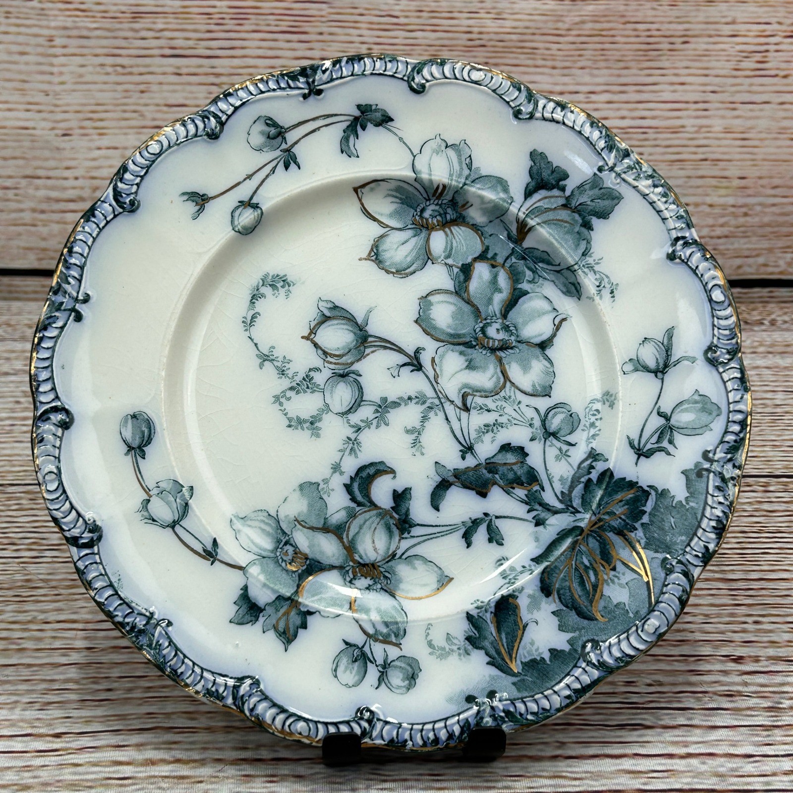 Ridgways England Sutton Royal Porcelain Plate Teal Floral Gold Gilt Antique 9in