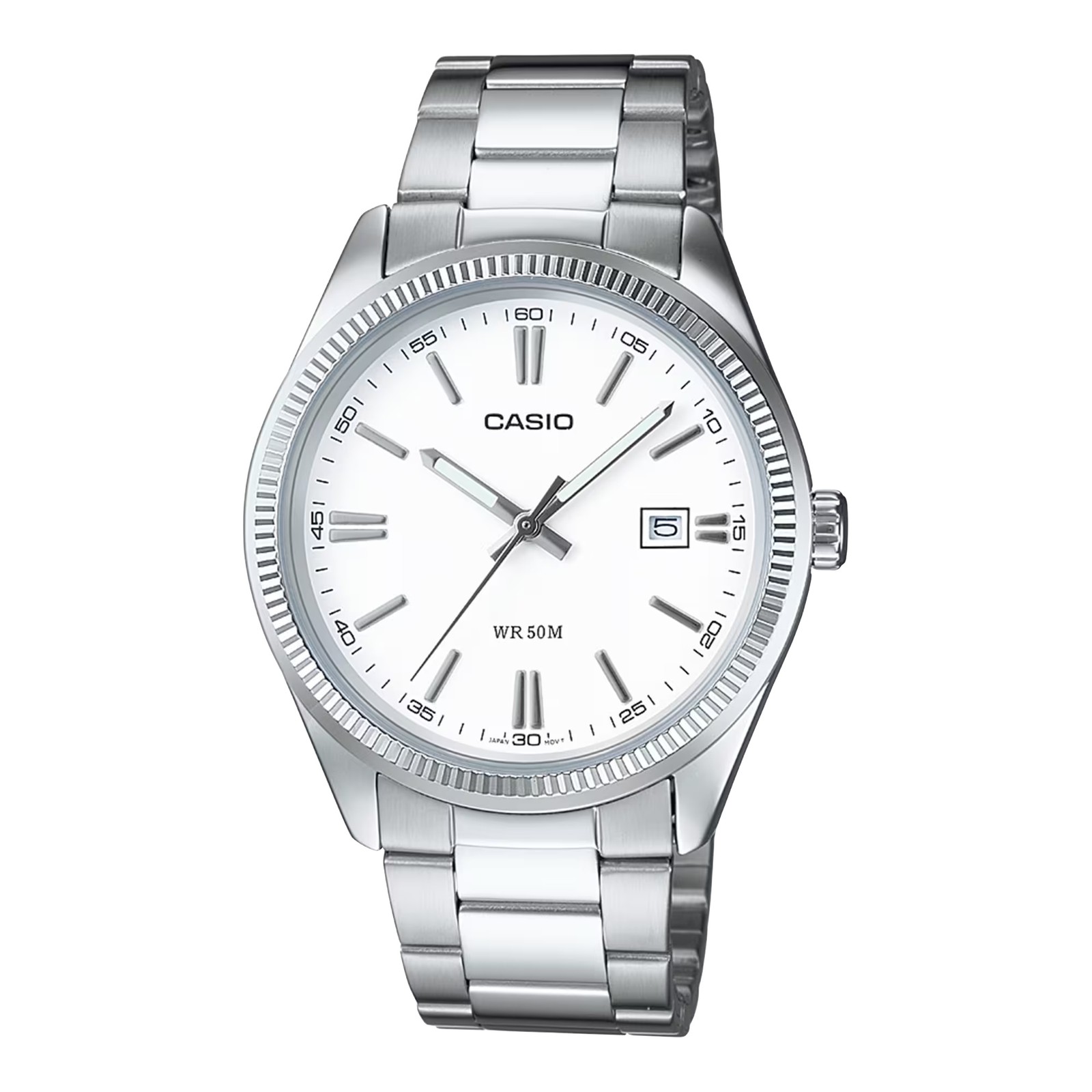 Casio Men’s Silver Stainless Steel Analog Watch with White Dial -