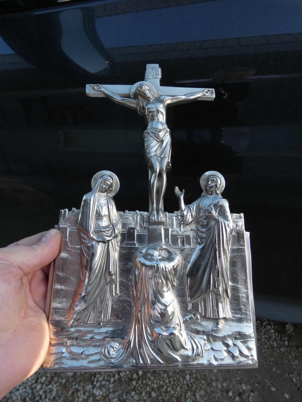 Vintage Belgian Metal calvary plaque religious Vintage Belgian Metal calvary plaque religious