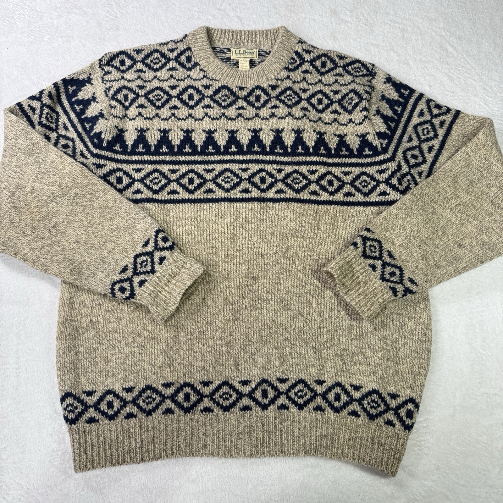 Vintage 80s LL Bean Birdseye Fair Isle Large Wool Knit Sweater Made in USA Blue