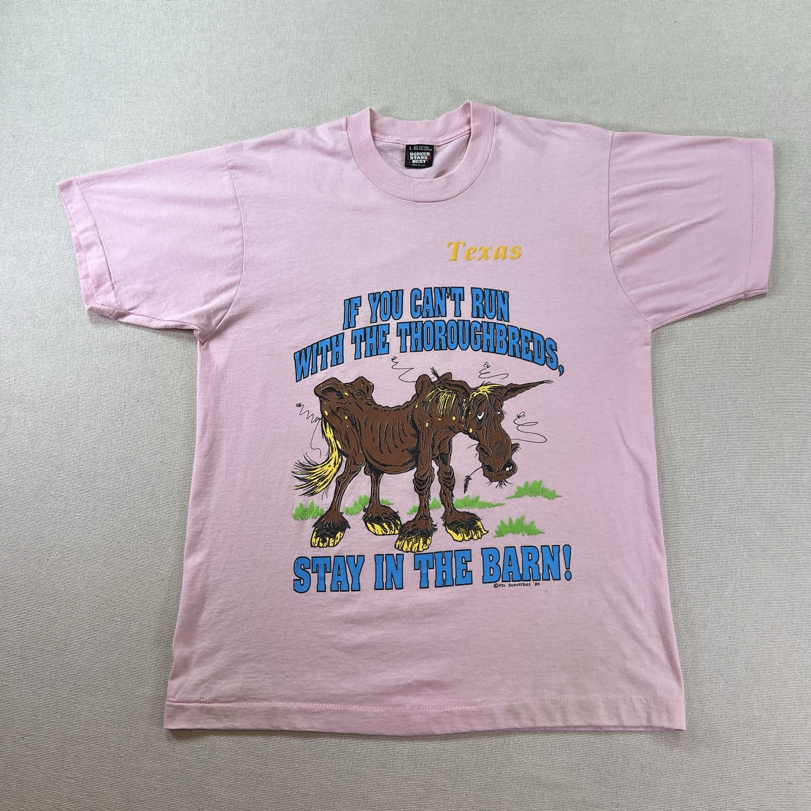 Vintage 80s Texas Stay In The Barn Horse Shirt Mens L Pink Screen Stars Best Tee