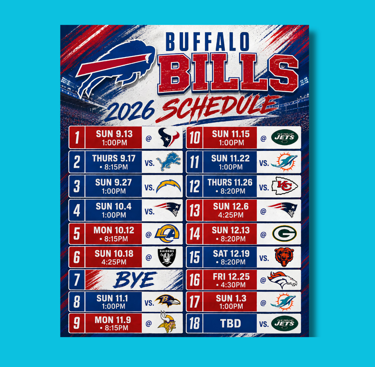 LARGE PRINT Buffalo Bills 2026 Regular Season Schedule Magnet