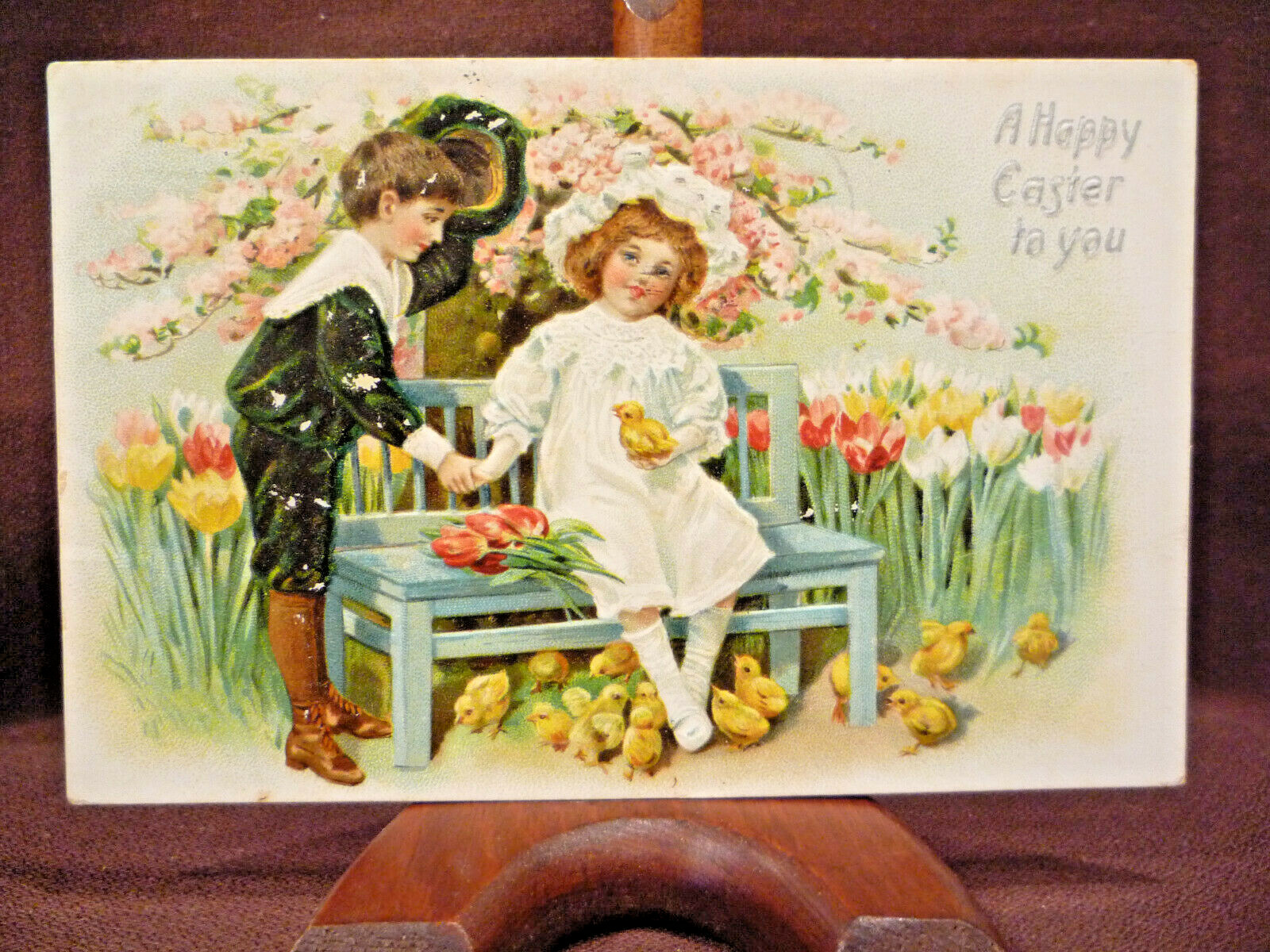 Antique 1907 Easter Postcard - Romantic Girl & Boy  & Baby Chicks - Embossed
