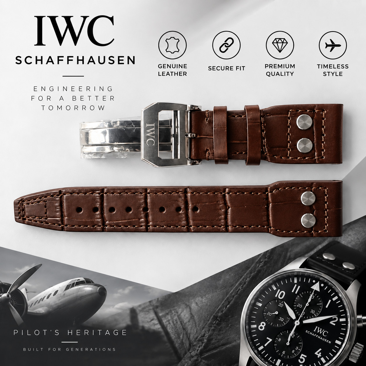 IWC PILOT SERIES 21mm BROWN Alligator Skin Strap Leather Watch Band