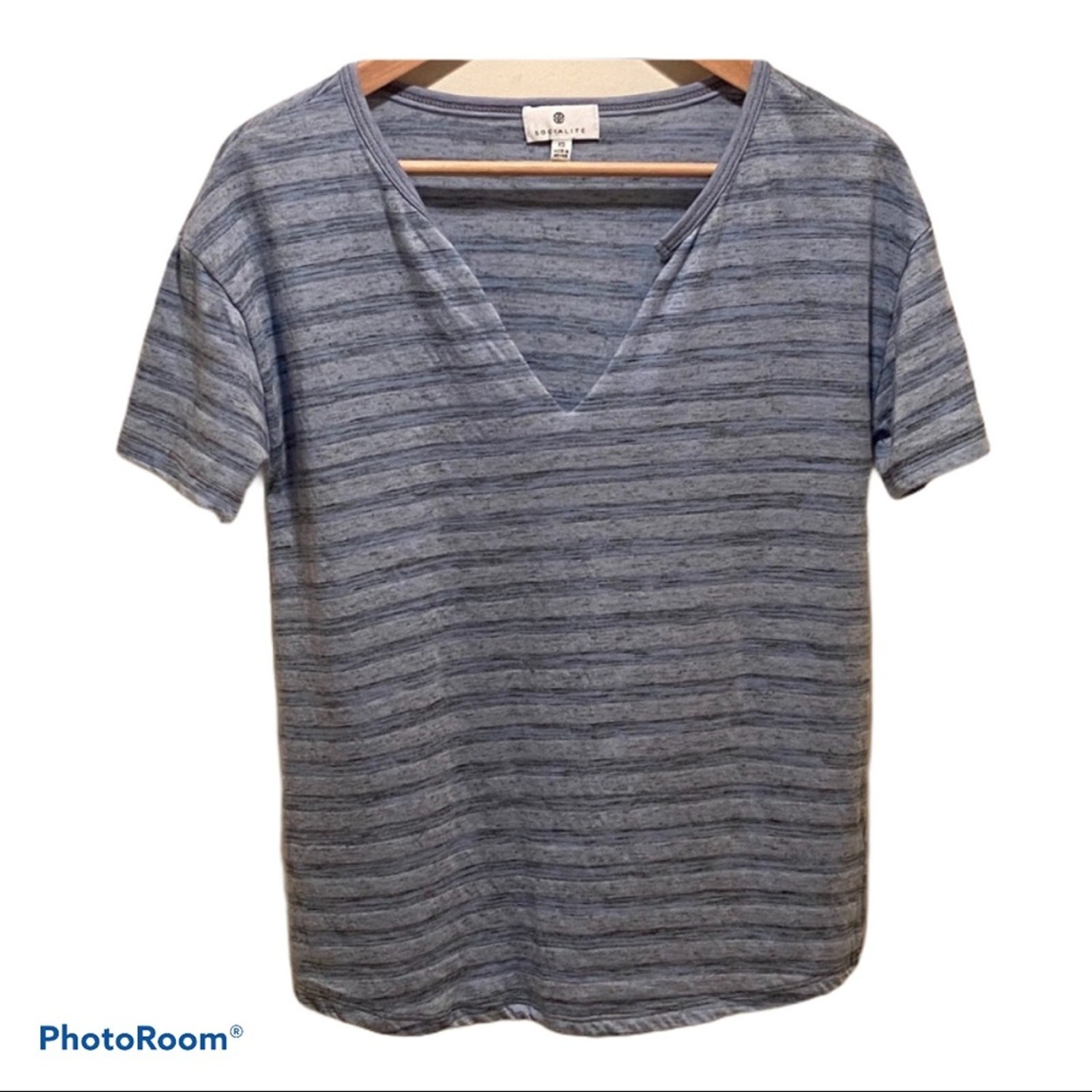 Socialite Blue and Heathered Unisex XS Grey Acid Wash T-Shirt Print Stripped