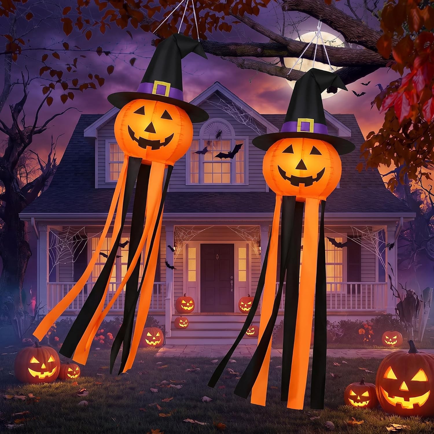 2 Pcs Halloween Pumpkin Windsocks Decoration 40'' Outdoor Ghost Windsocks