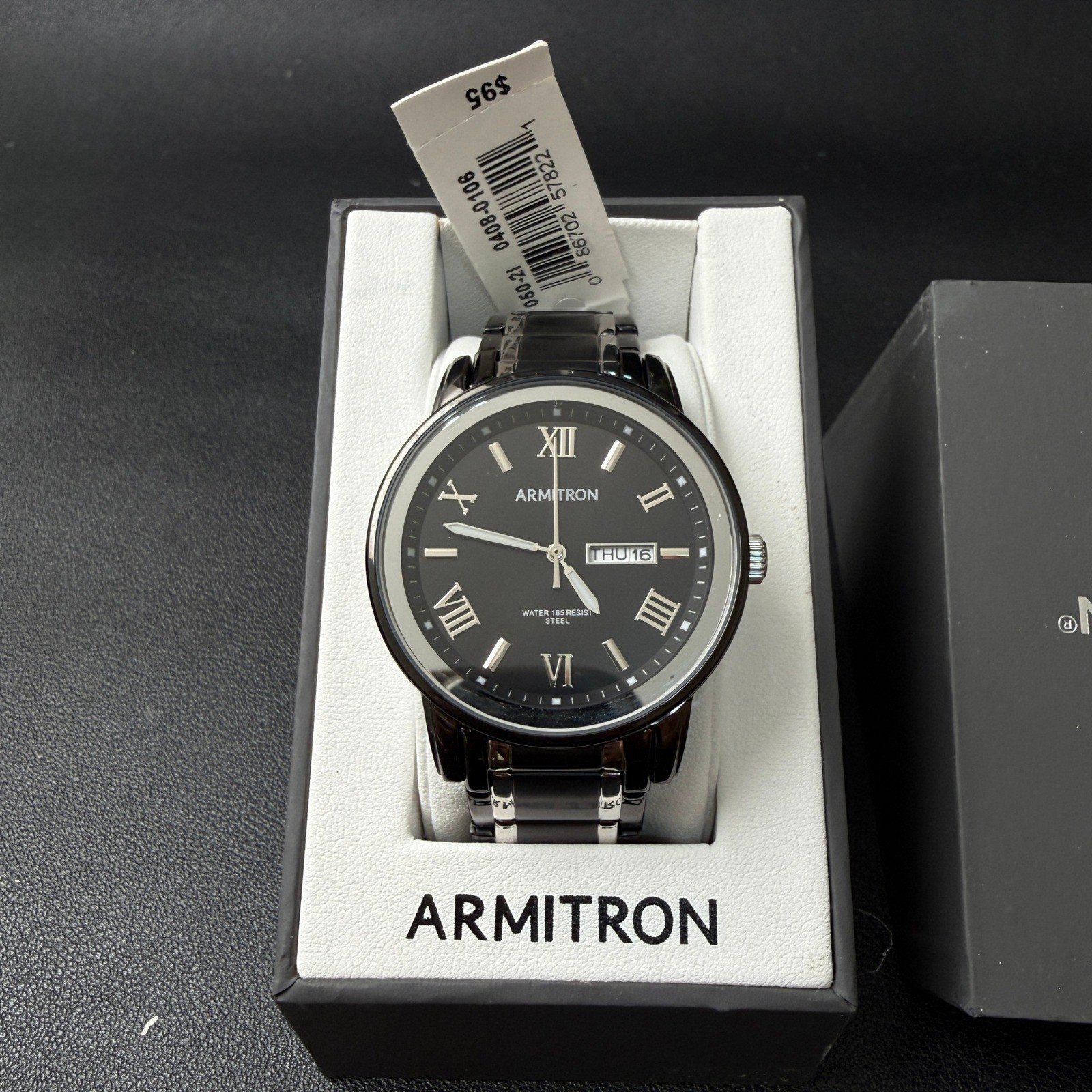 MSRP $95 Armitron Mens 20/4935TB Day/Date Black/Silver Tone Bracelet Watc
