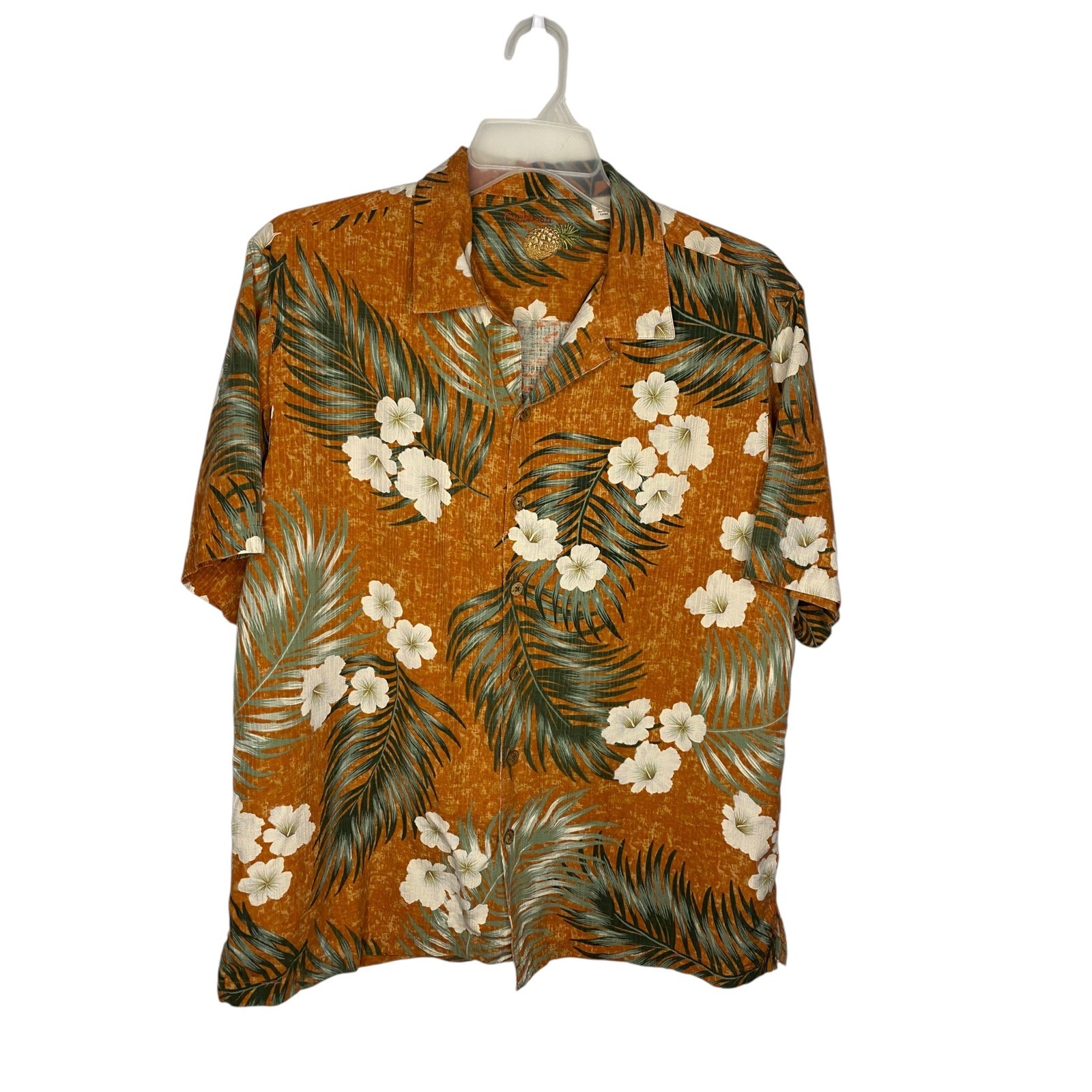 Caribbean Mens Silk Tropical Floral Hawaiian Shirt Orange Large Palm Hibiscus