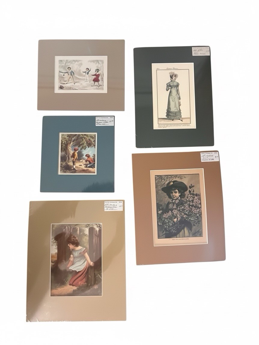 Lot 5 Antique 19thC Art Prints Matted - Cricket Fashion Fairytale Victorian Set