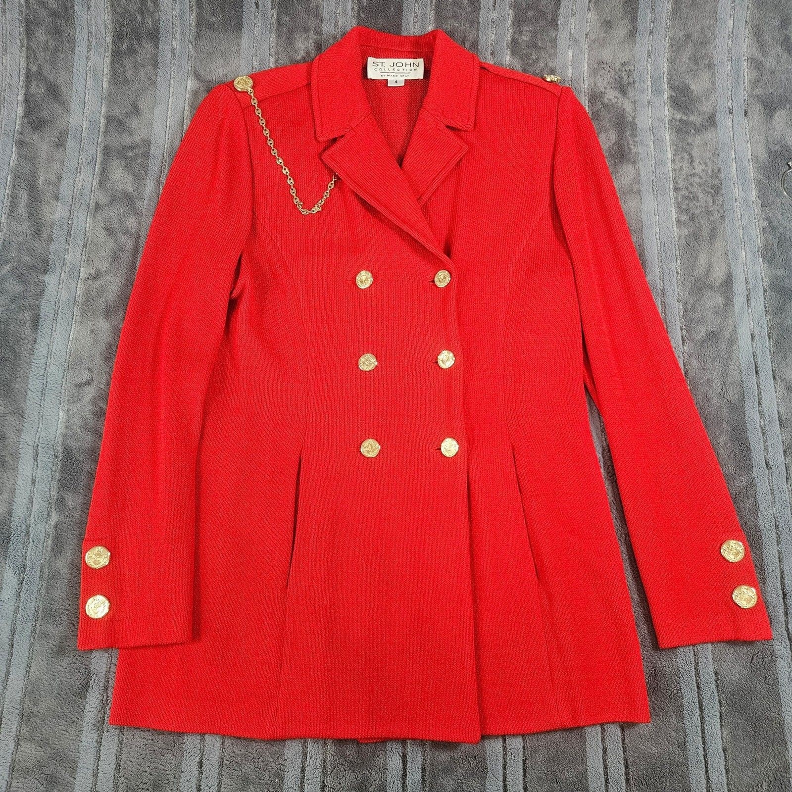 Vintage St. John Marie Gray Red Double Breasted Blazer with Gold Chain Detail 4