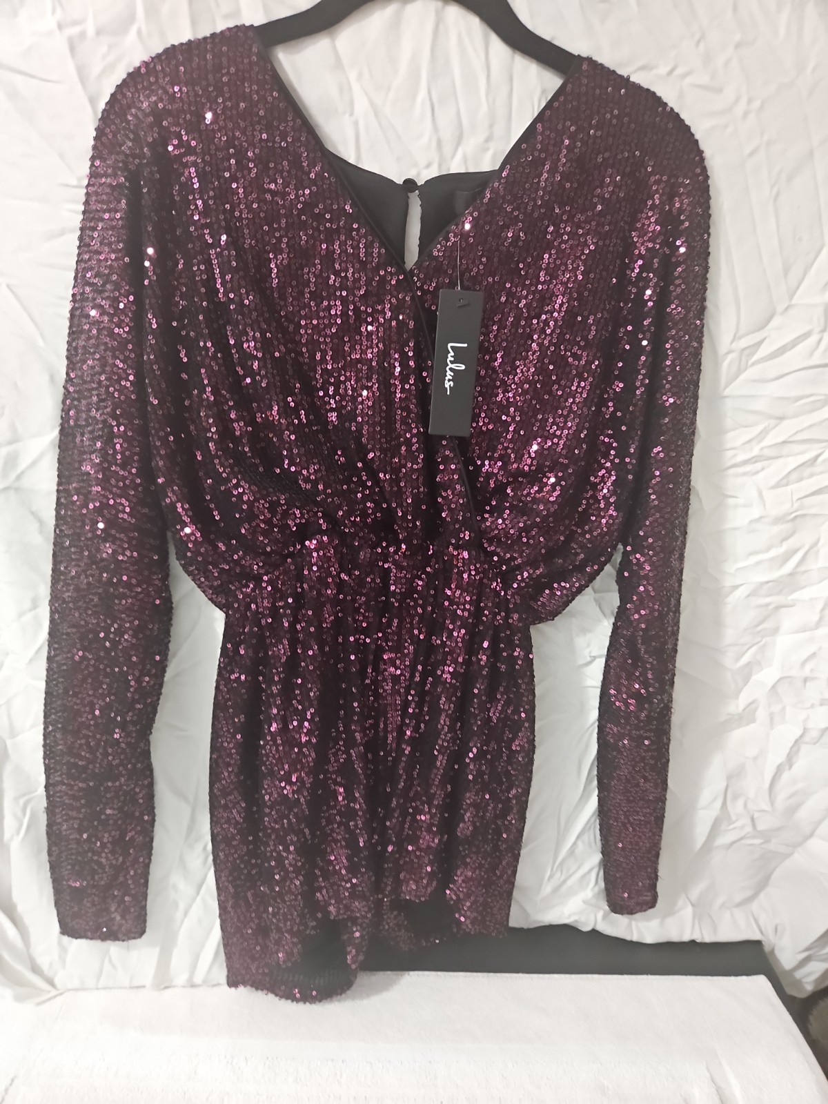 Lulu\'s Dark Magenta Party Til Dawn Sequin Long Sleeve Romper Shorts Size XS NWT