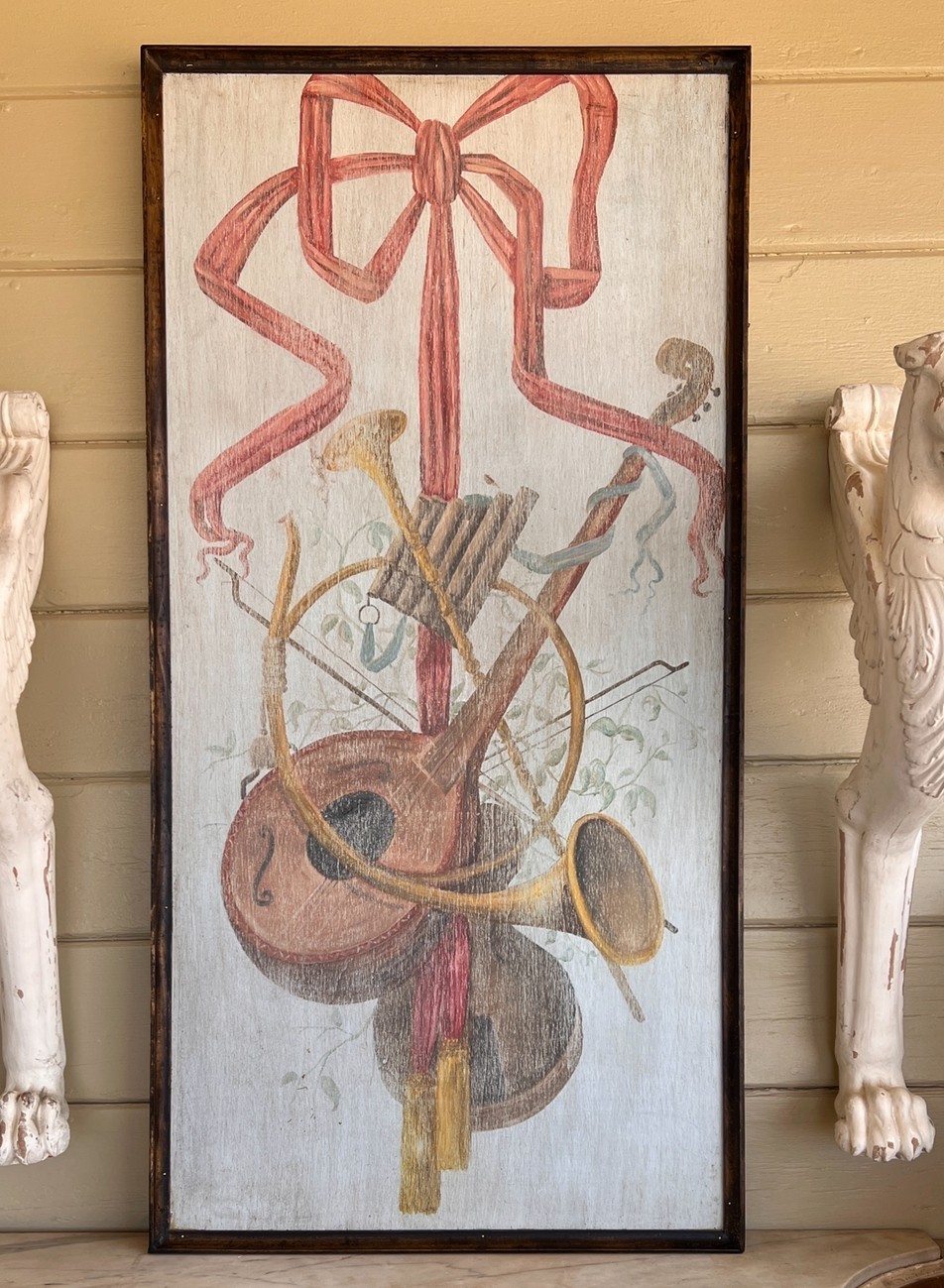 French Provincial Style Hand Painted Oil on Wood Large Trophy Painting Panel French Provincial Style Hand Painted Oil on Wood Large Trophy Painting Panel