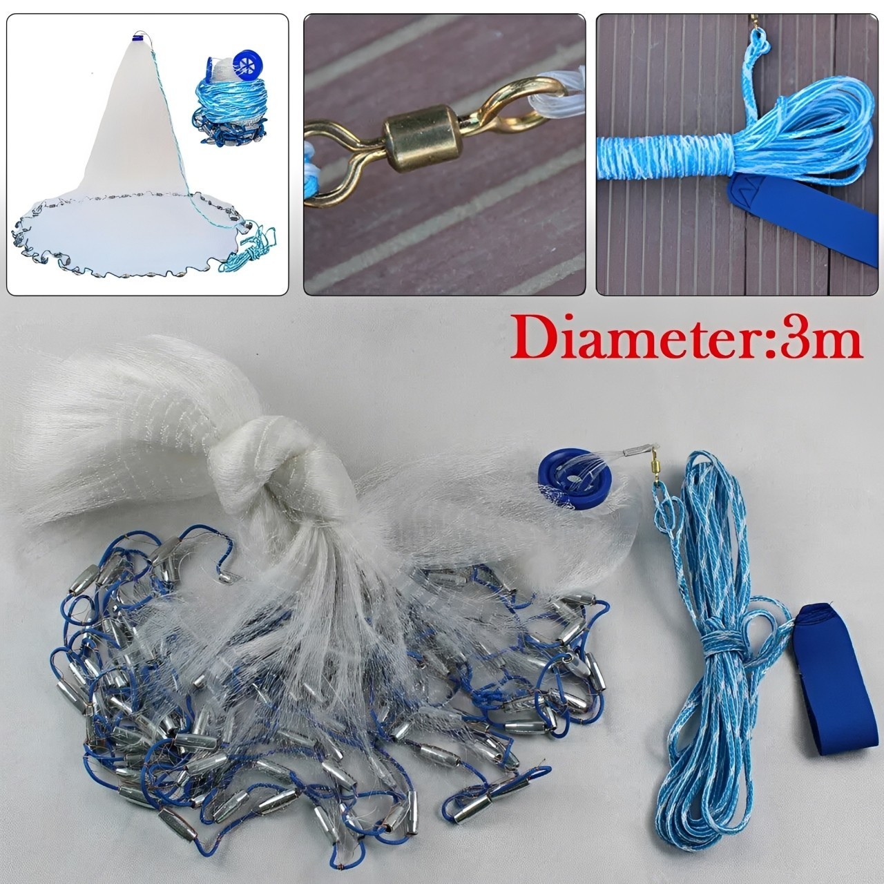 6/8/10/12/16FT Fishing Cast Net Bait Easy Throw Hand Cast Strong Nylon Mesh USA 6/8/10/12/16FT Fishing Cast Net Bait Easy Throw Hand Cast Strong Nylon Mesh USA