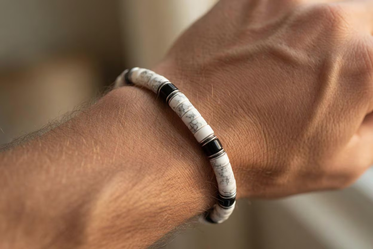 6mm Black Onyx & White Buffalo Howlite Heishi Beaded Gemstone Bracelet Jewelry