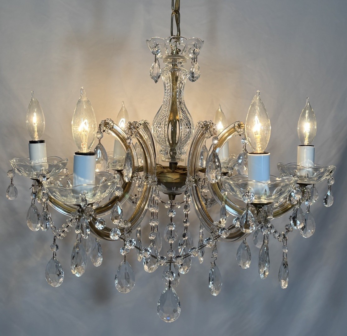 Vintage Italian Maria Theresa Style Cut Crystal & Gilt Iron Chandelier Italy