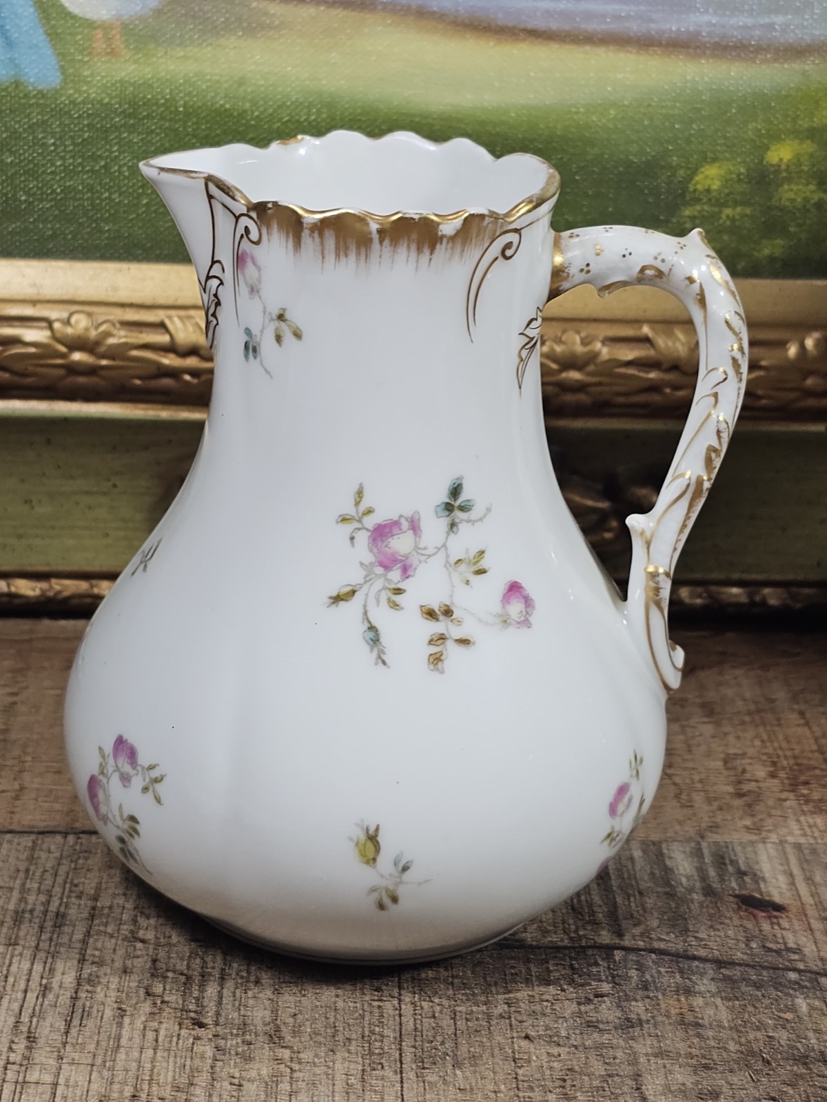 VTG Haviland Limoges Creamer Pot Pink Flowers & Gold Tone Accents 5\