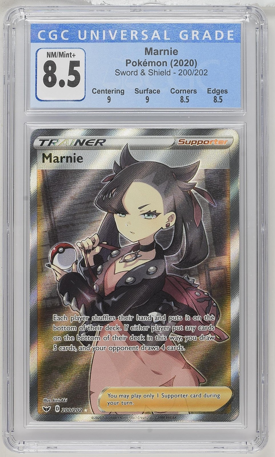 Marnie Full Art 200/202 Sword & Shield CGC 8.5 NM/Mint+ Pokemon 2020 Marnie Full Art 200/202 Sword & Shield CGC 8.5 NM/Mint+ Pokemon 2020
