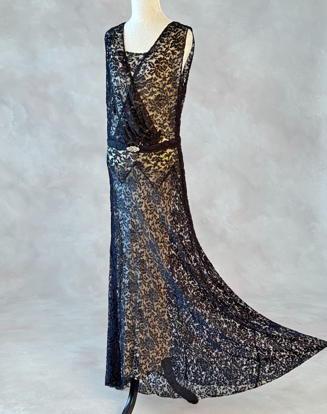 Vintage 30s Dress, 1930s Black Lace Gown, Art Deco Evening Gown, M/L