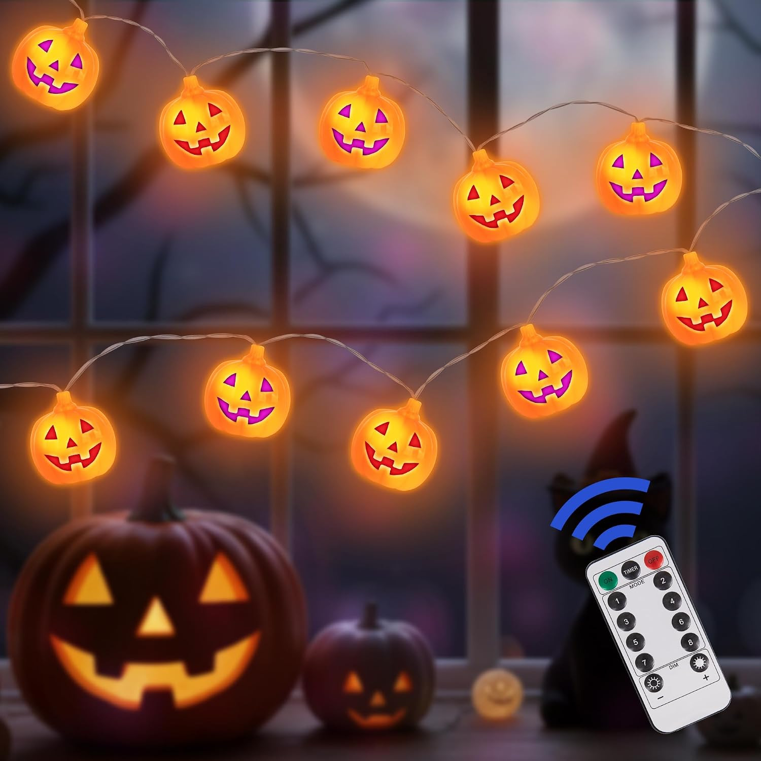 8.2 FT Halloween Pumpkin String Lights with Remote - 10 LED - Orange Jack-O-Lant 8.2 FT Halloween Pumpkin String Lights with Remote - 10 LED - Orange Jack-O-Lant