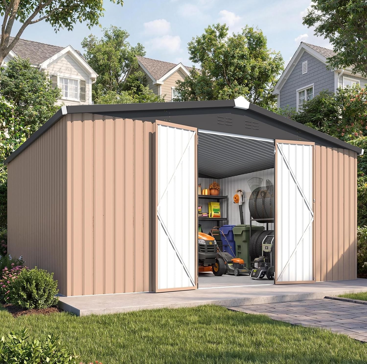 12x14 Metal Outdoor Storage Shed, Waterproof Heavy Duty Lockable Double Doors