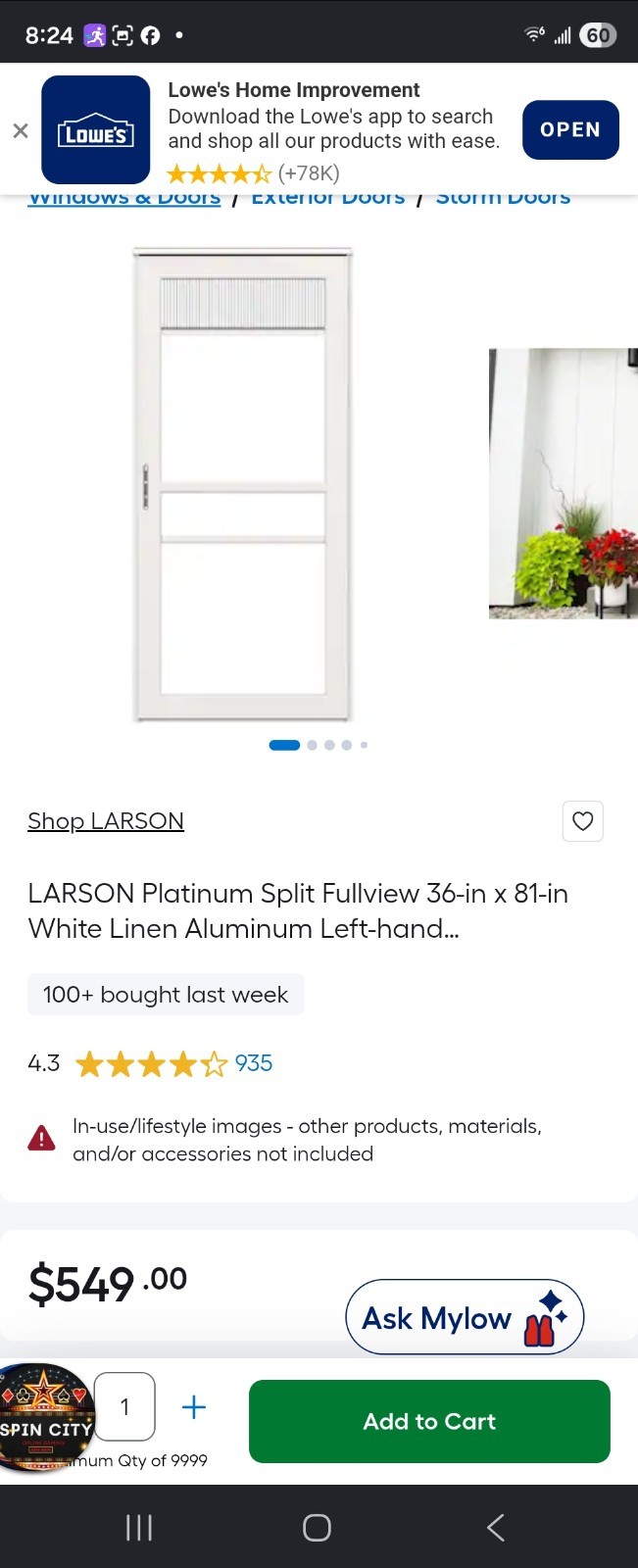 LARSON Platinum Split Fullview 36 x 81 White Linen LH Aluminum Storm Door