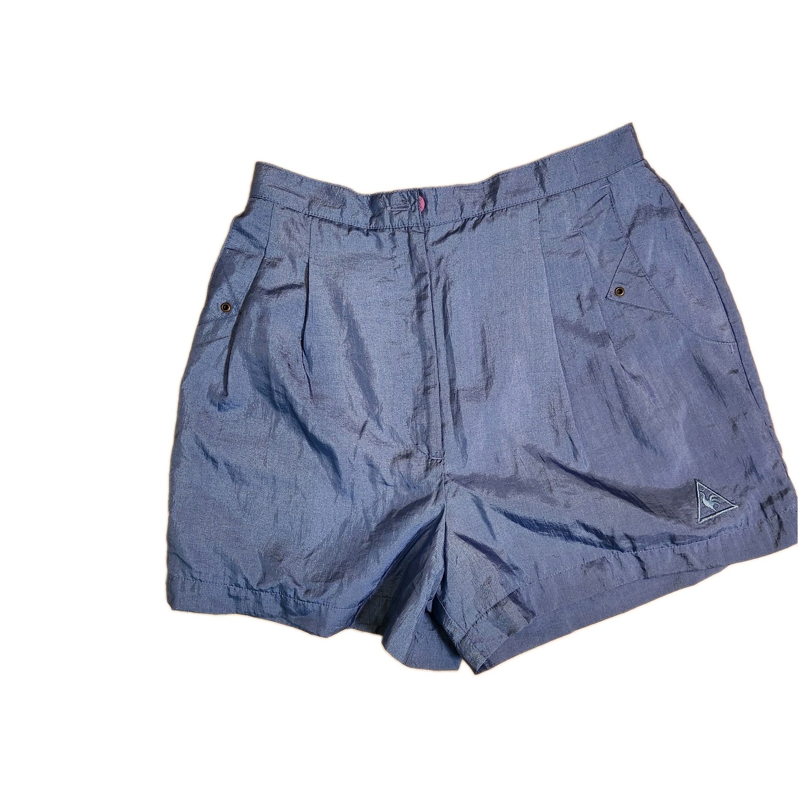 Vtg 80s Le Coq Sportif Shiny Nylon Shorts 10 High Waist Pleated Blue Tennis Golf
