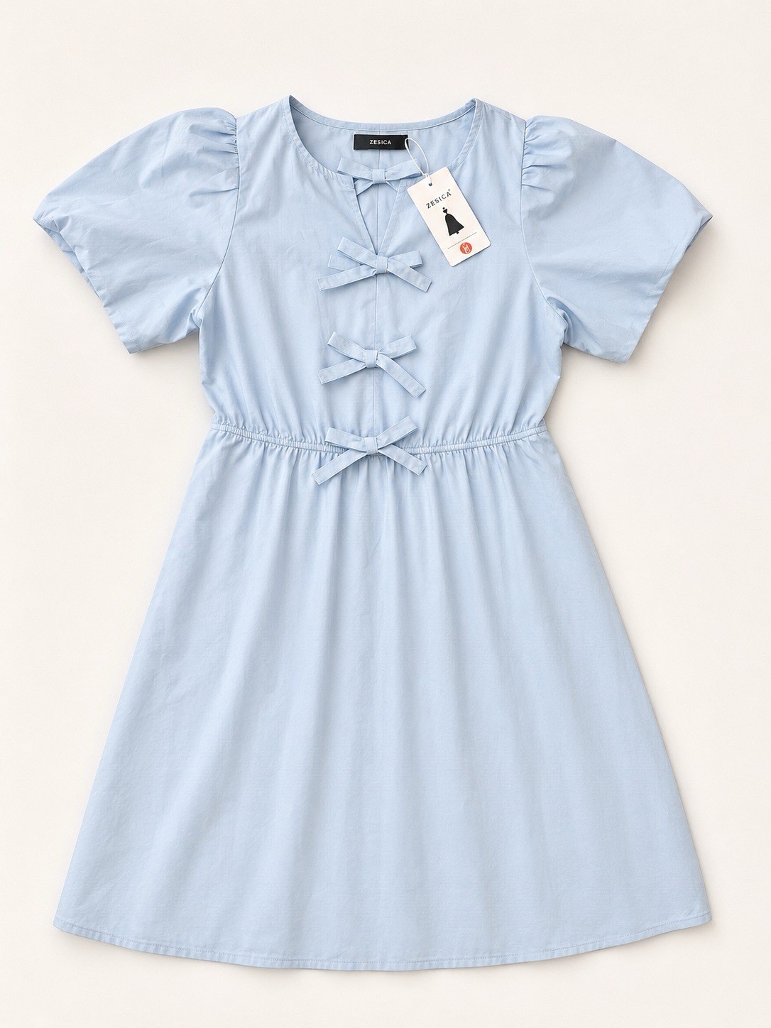 NWT ZESICA Light Blue Bow Front Puff Sleeve Dress Size M with pockets