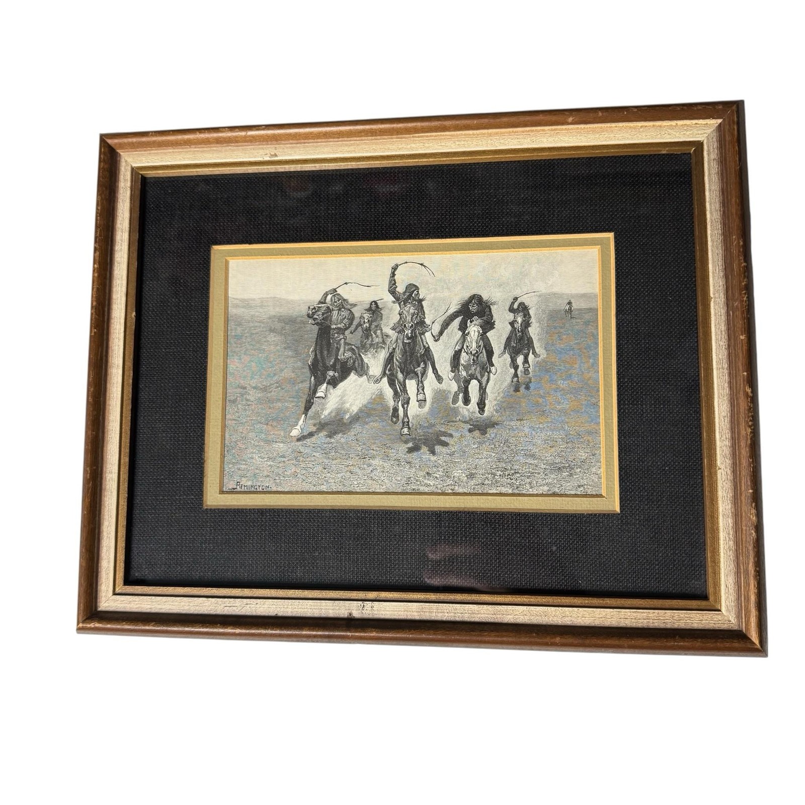 Vintage 1889 Frederic Remington Indian Horse Race Wood Engraving Framed Art