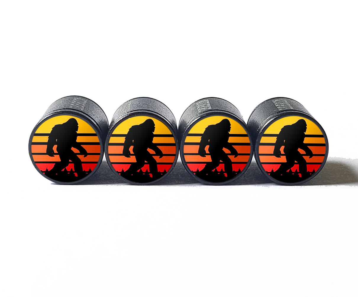 Bigfoot Sasquatch Retro Sunset Tire Valve Caps - Set of Four - Fits on all Autos