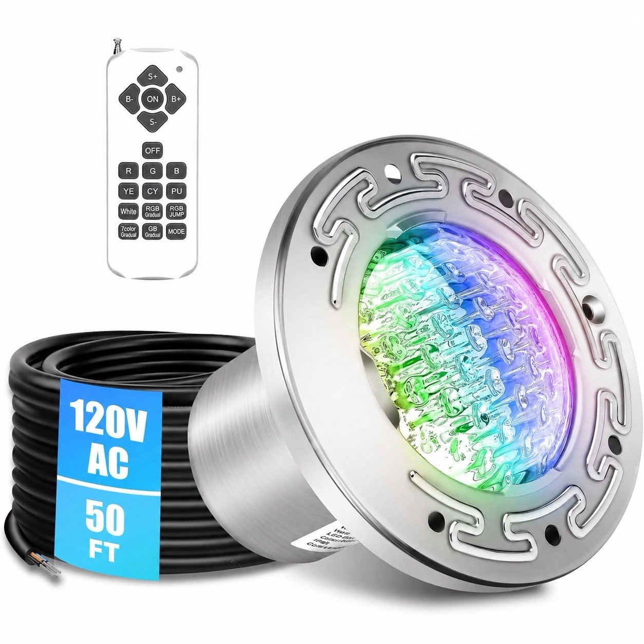 50FT RGB LED Swimming Pool Light 120V AC Stainless Steel w/ Remote