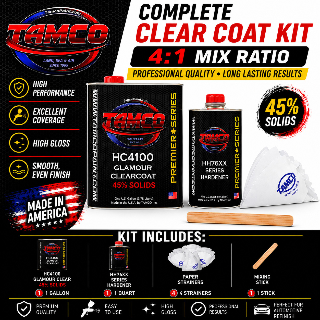 Tamco HC4100 Glamour Clear Coat Kit – High Gloss, 4:1 Medium Solids – Gallon Kit
