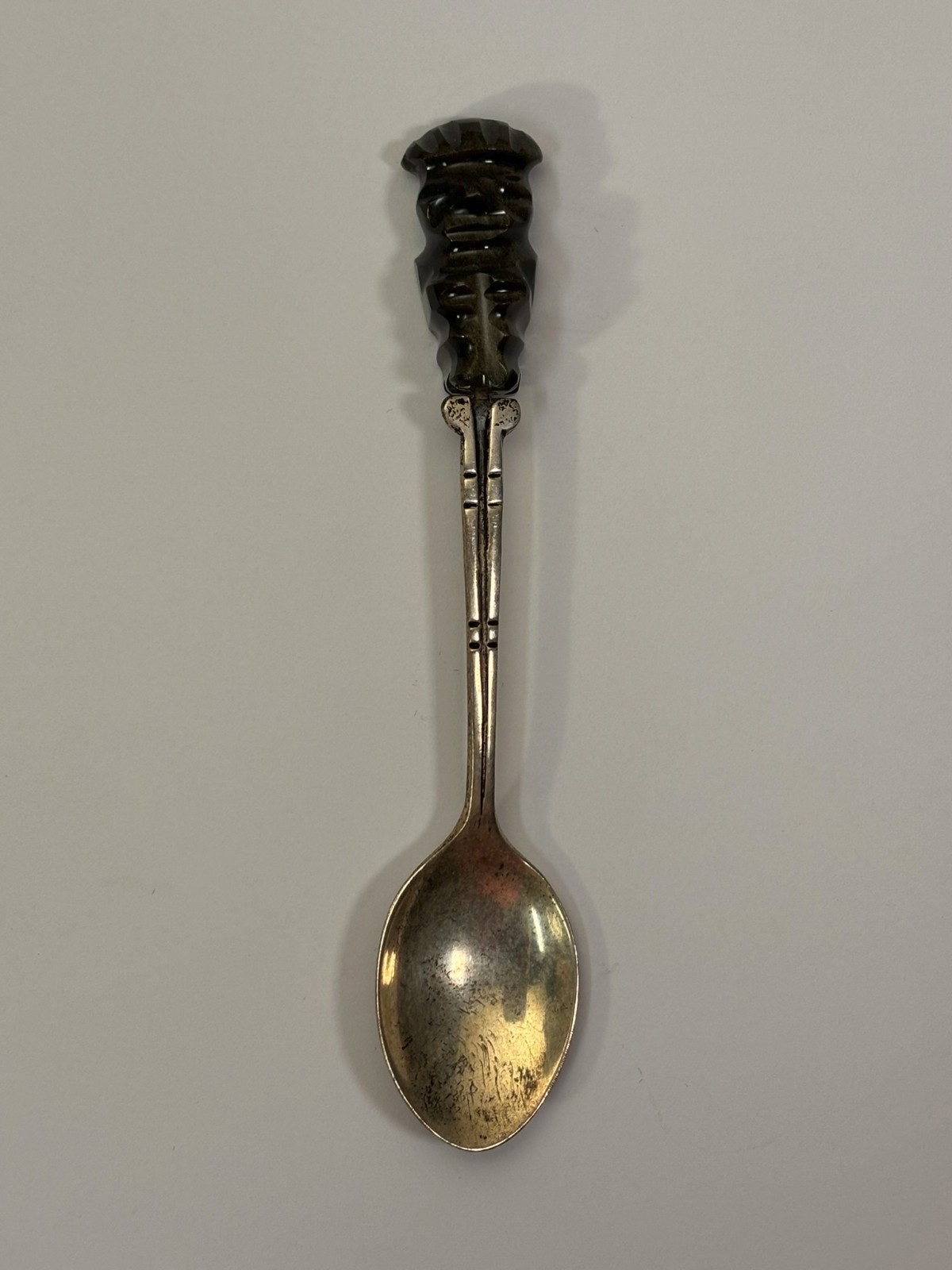 Vintage Mexican Sterling Silver 925 Spoon Carved Black Stone Handle Hecho En Mex