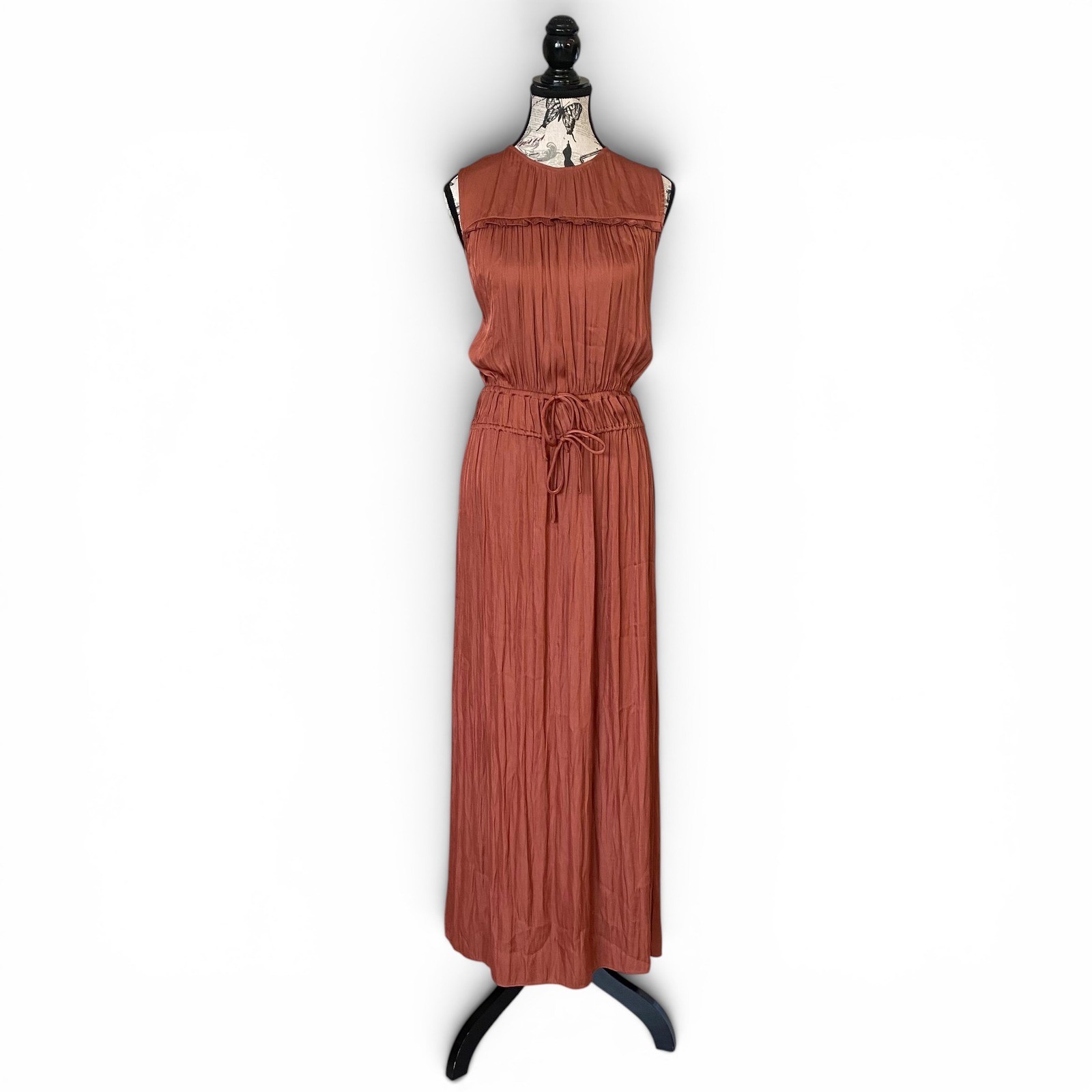 Zara Maxi Dress Womens Large Rust Satin Pleated Cutout Back Earthy Wedding NWT