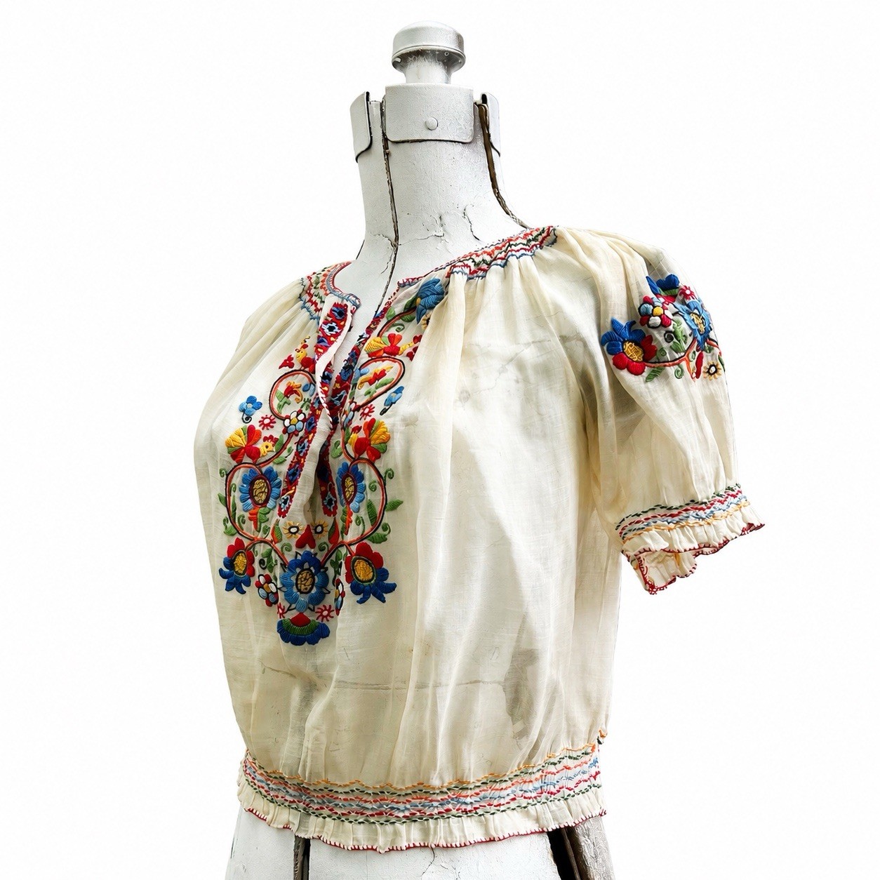 Vintage 1930s Karavan NY Hungarian Hand Embroidered Gauze Cotton Peasant Blouse
