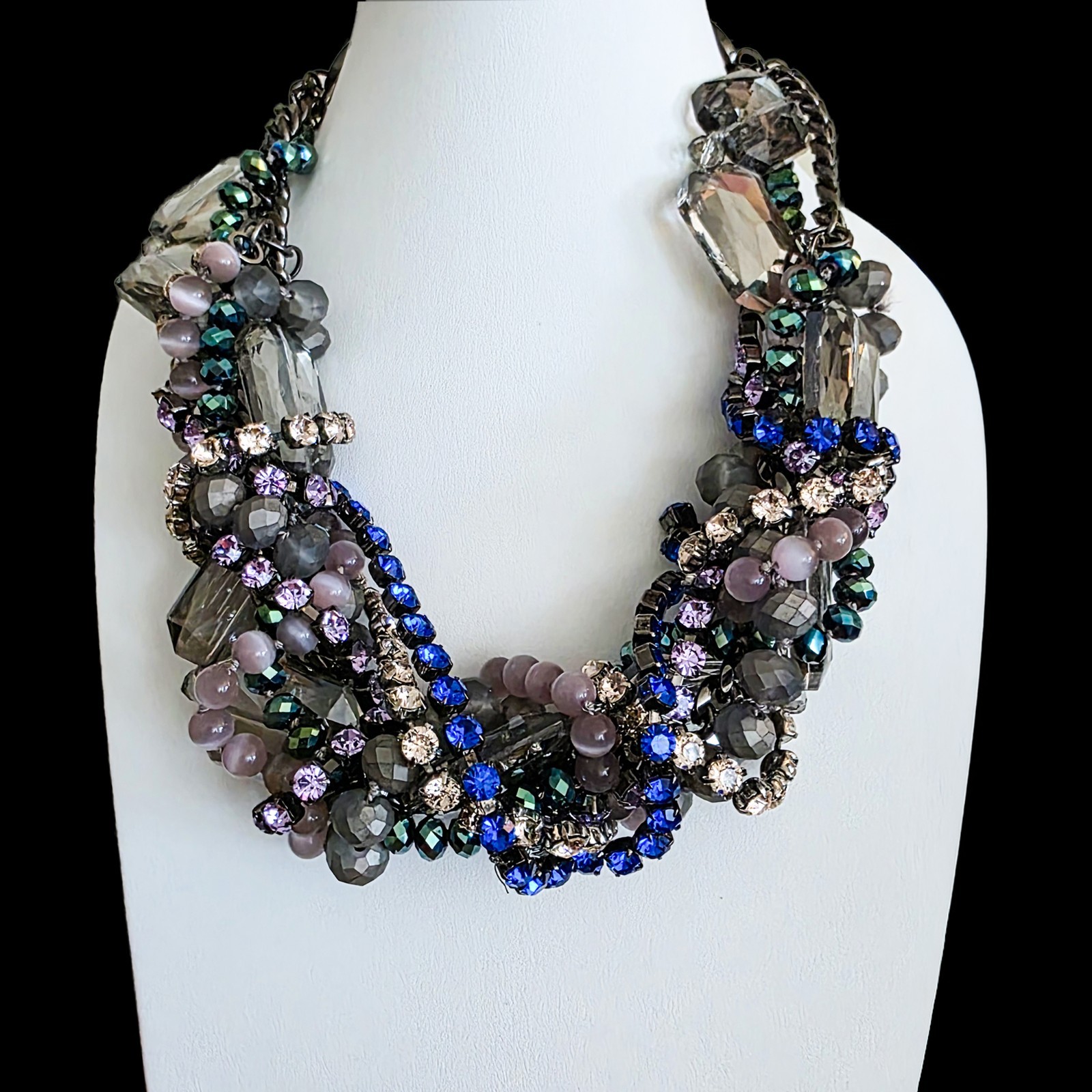 Massive Multi Strand Statement Bib Necklace Crystal Rhinestone Blue Purple Gray