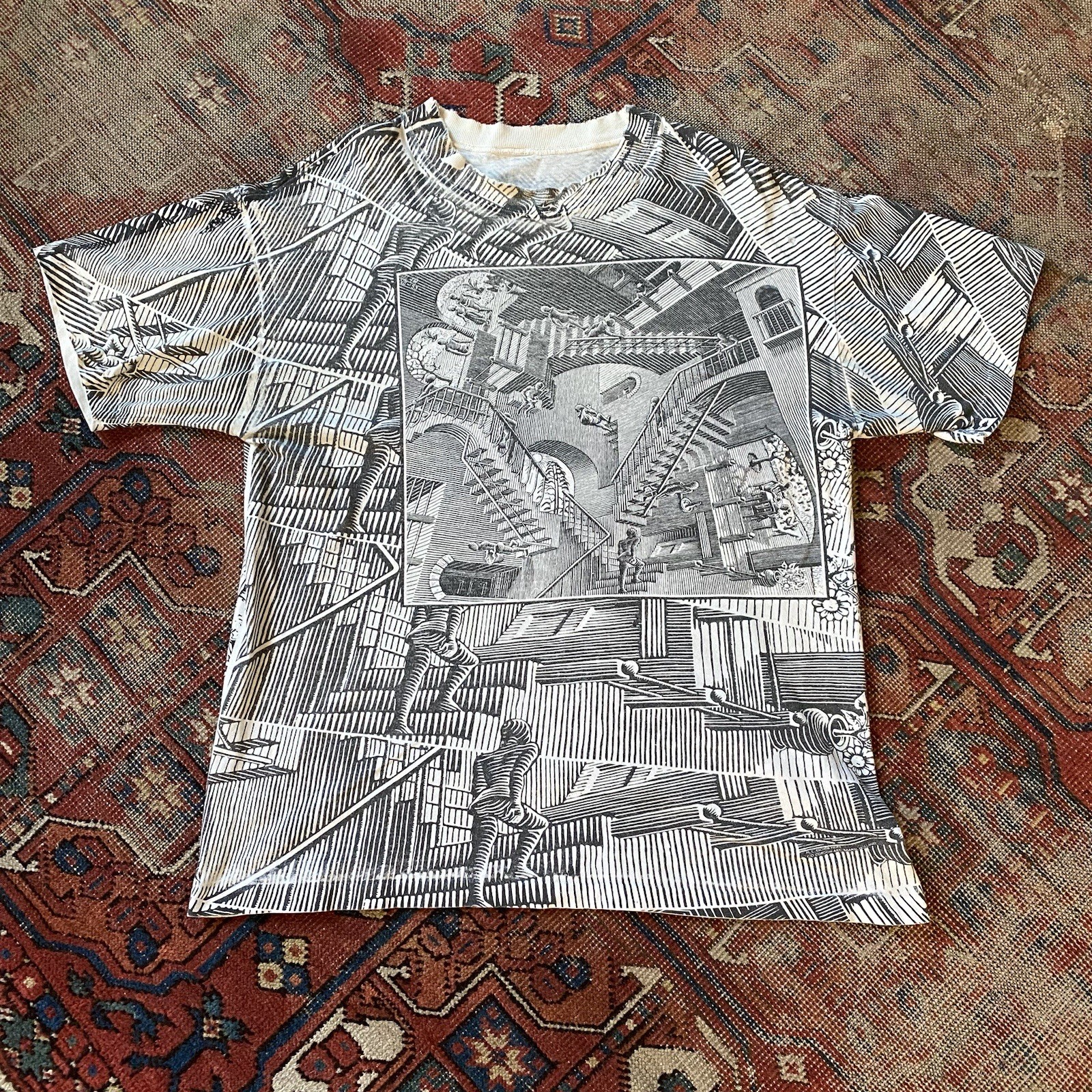 Vintage 1990s MC Escher All Over Graphic Stairs Tee Black & White Tshirt Worn L