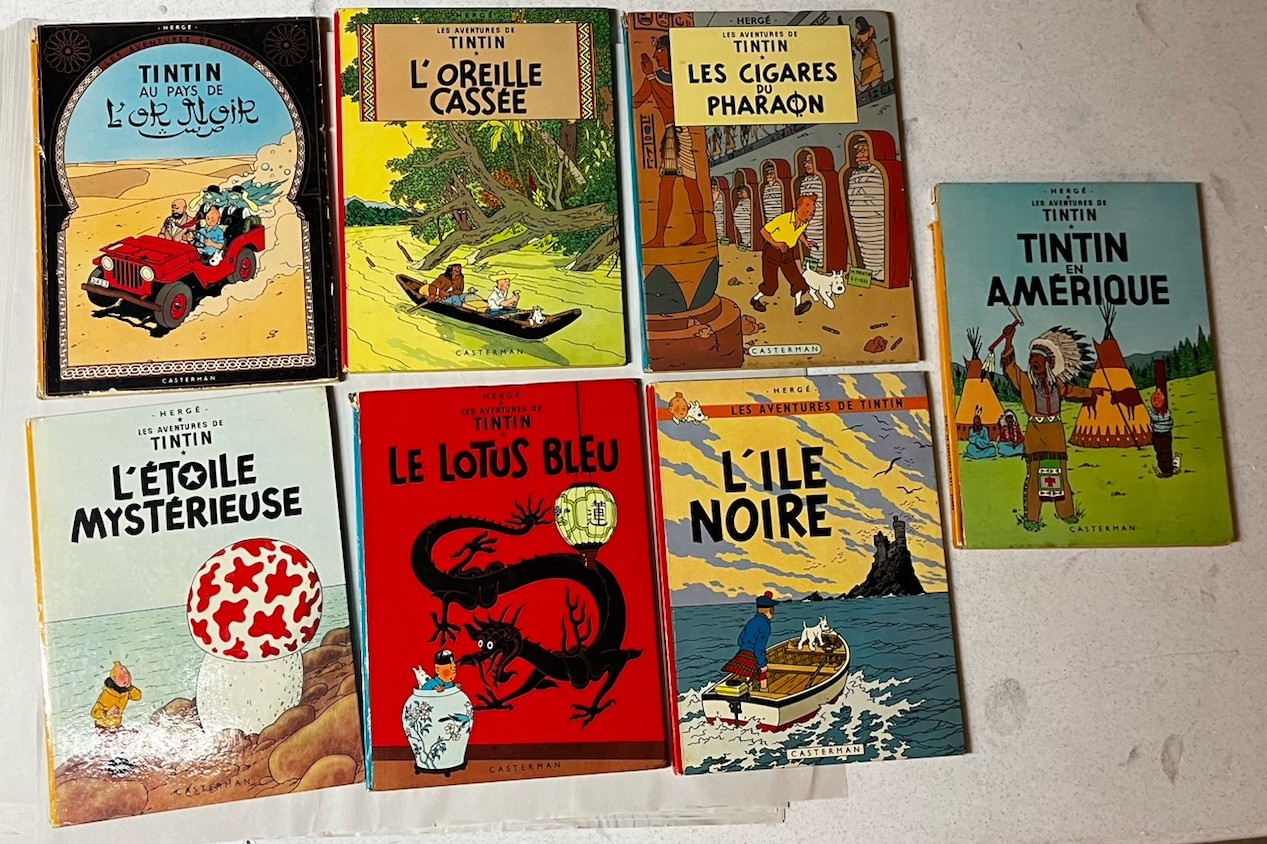 Les Aventures de Tintin, Herge, 1st Edition Hardcover (in French) Lot of 7