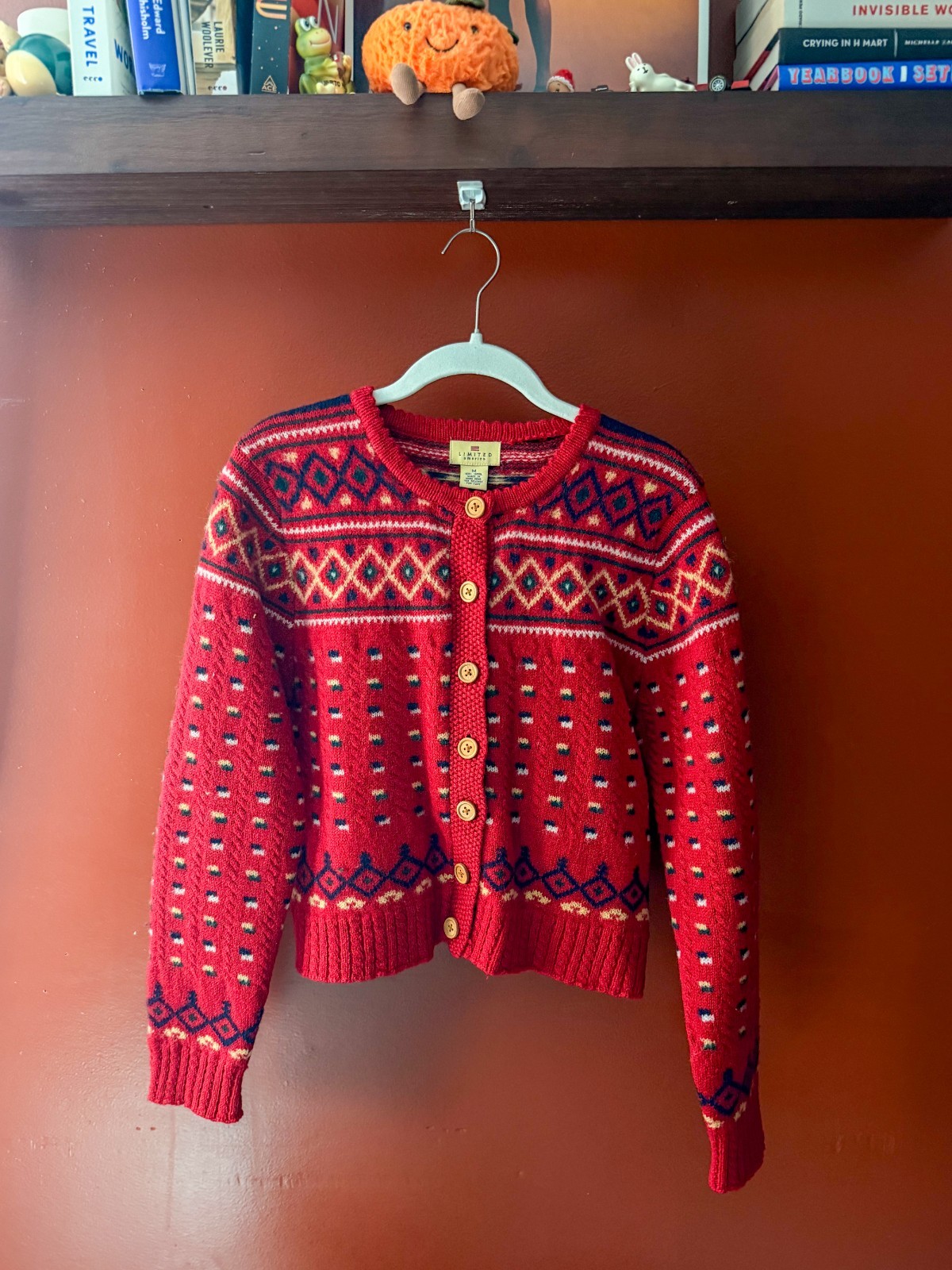 Vintage Limited America Cardigan Sweater Women\'s Size Medium Red Wool Fair Isle Vintage Limited America Cardigan Sweater Women\'s Size Medium Red Wool Fair Isle