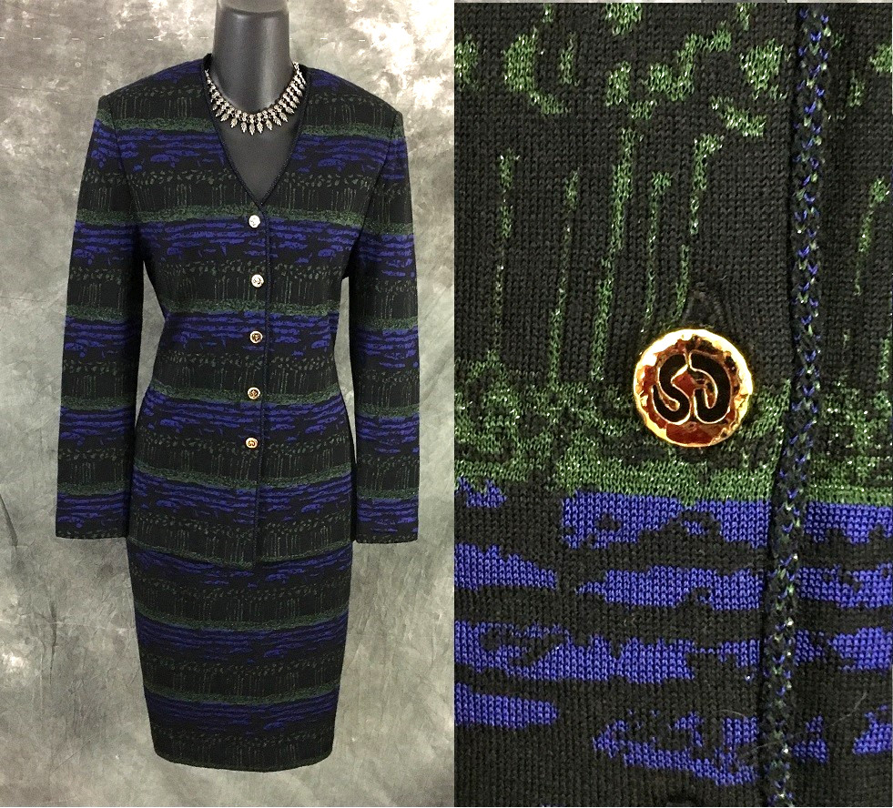 BEAUTIFUL St John collection knit blue black green multi jacket skirt suit 2