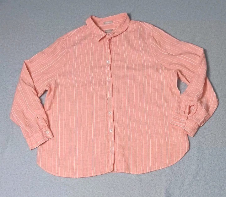 Chicos No Iron 100% Linen Long Sleeve Button Up Womens Size 3 Coral Pink...