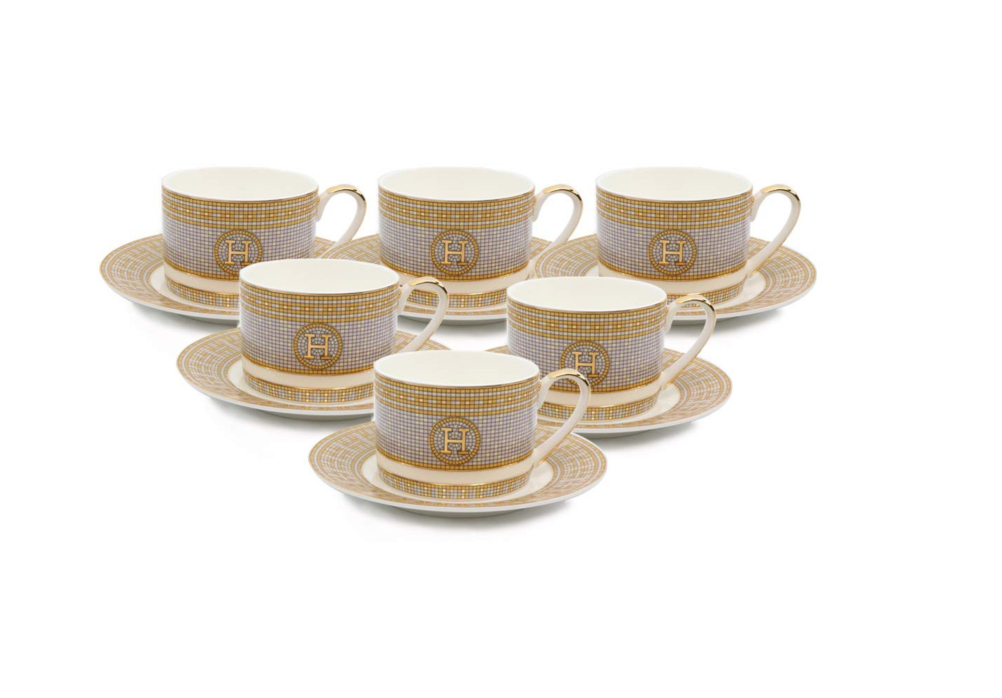 Imperial Gold  12-pc \'Mosaic\' Teacup   Set, Bone China Service for 6, Gift boxed