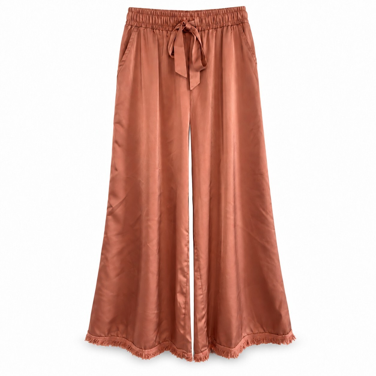 Three Bird Nest Size L Terracotta Satin Wide Leg Palazzo Pants Fringe Hem Boho