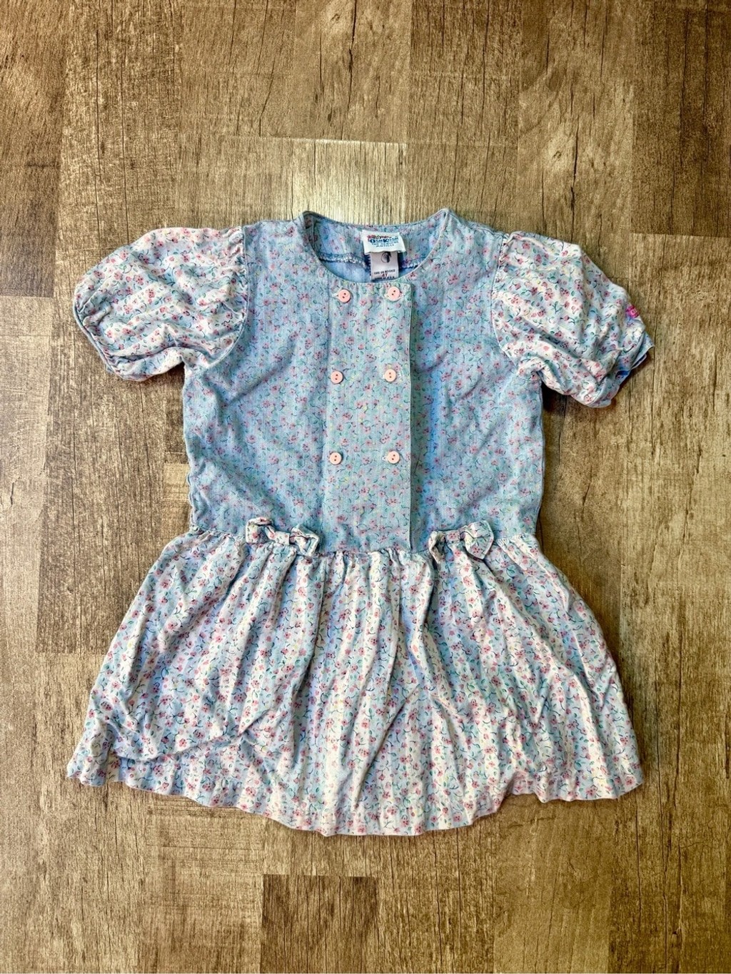 Vintage OshKosh B\'Gosh Girls Floral Denim Puff Sleeve Dress 3T Vintage OshKosh B\'Gosh Girls Floral Denim Puff Sleeve Dress 3T