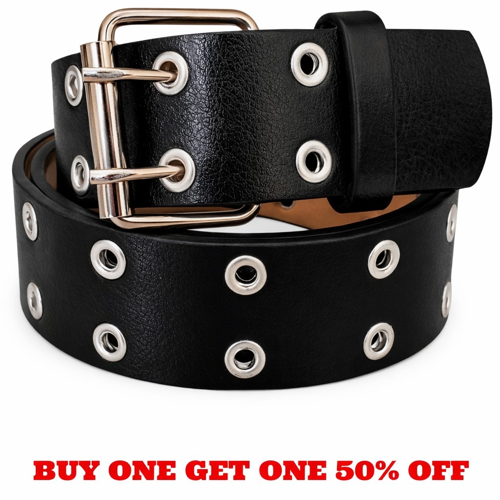 Men's Women's Leather Two Rows Silver Grommet Double Holes Black Belt All Sizes