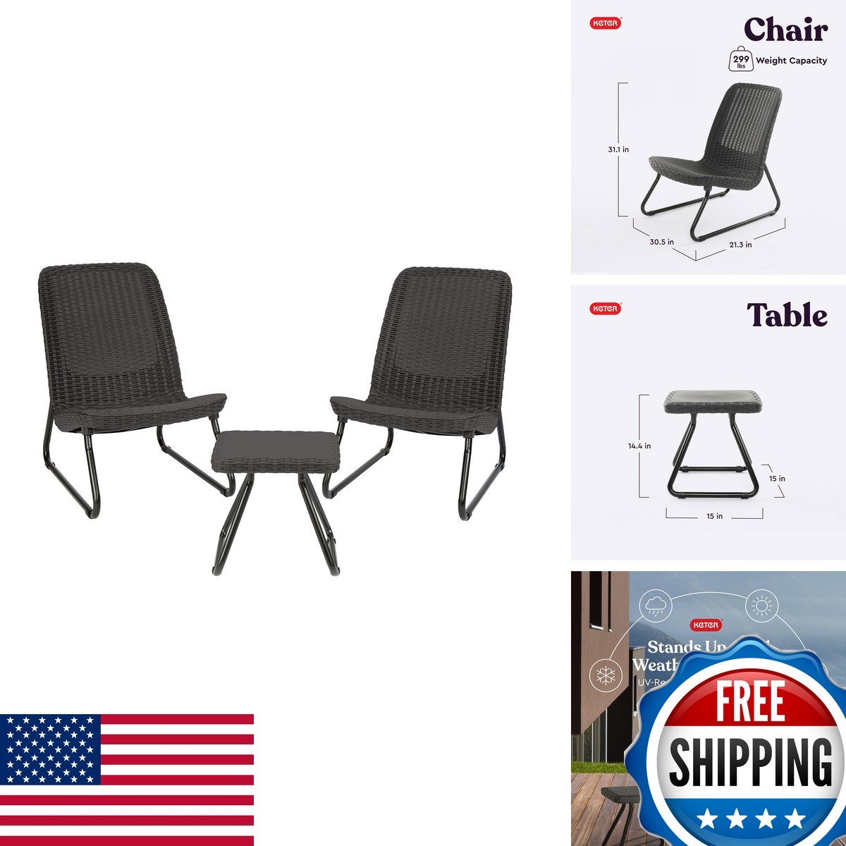 Keter Rio 3 Piece Resin Wicker Patio Furniture Set Dark Grey